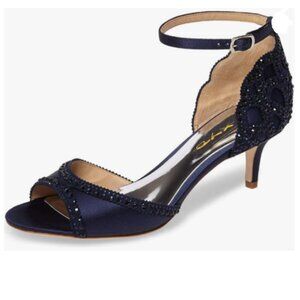 XYD Navy Open Toe Rhinestones Ankle Strap Sandals Low Heel Bridal Evening Shoes